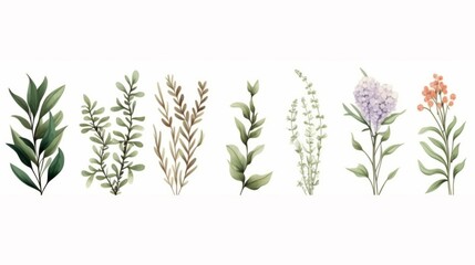 Obraz premium Elegant hand-drawn illustrations of herbal plants highlighting their leaves and form