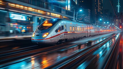 A train is driving through the city at night Generate AI