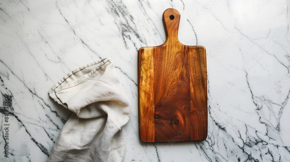 Aufkleber wood cutting board with napkin on marble table top view : generative ai