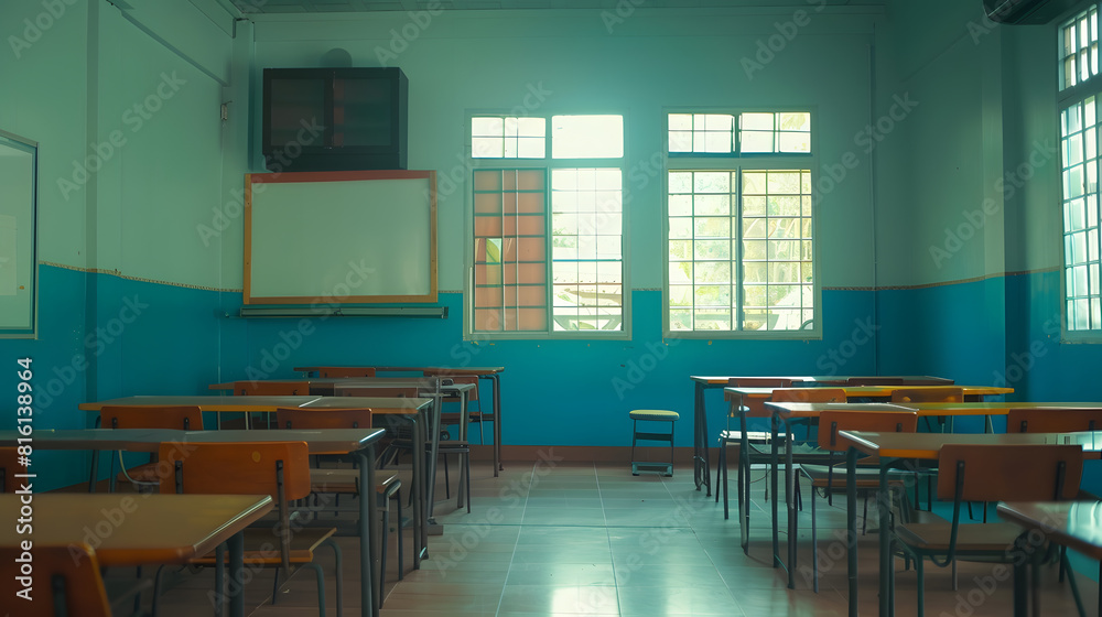 Poster lecture room or school empty classroom with desks and chair iron wood for studying lessons in high s