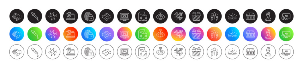 Surprise, Donation money and Seo adblock line icons. Round icon gradient buttons. Pack of Cloud share, Eye laser, Chemistry dna icon. Work home, Stars, Flexible mattress pictogram. Vector