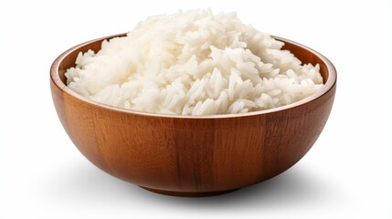 A heap of fluffy white rice elegantly presented in a round wooden bowl isolated on a white background for culinary use