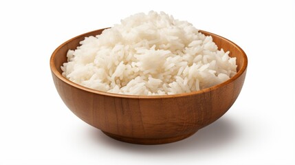 An inviting image of a round wooden bowl filled with fluffy cooked white rice on a spotless white background