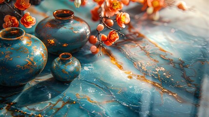 A blue and gold vase with a gold rim sits on a blue table