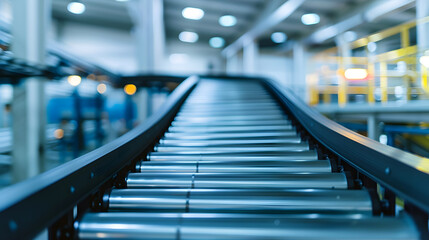 Empty modern conveyor belt of production line part of industrial equipment in factory plant Automatic system line : Generative AI