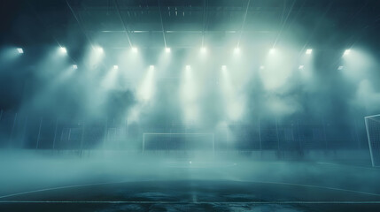 Sports stadium with a lights background Textured soccer game field with spotlights fog midfield...