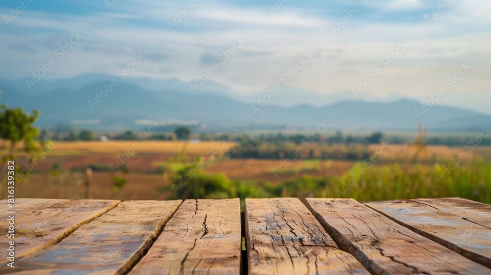 Poster the empty wooden brown table top with blur background of farmland and blue sky exuberant image : gen