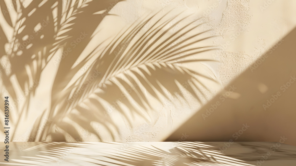 Poster tropical palm tree shadow on cream wall and luxury marble table for product placement natural layout
