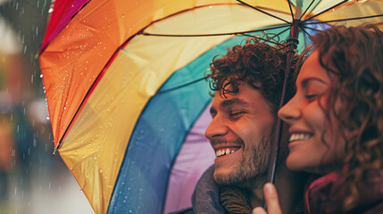 Joyful moments under a rainbow umbrella in the rain. A candid shot of individuals sharing laughter and closeness under a colorful umbrella, celebrating love and togetherness in rainy weather.