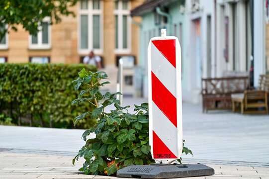 rot wei&szlig; gestreifte Kunststoff-Sicherheitsbake, Warnbake, Warnbarke warnt vor einem Busch, Detail in der Stadt, Schweinfurt, Franken, Bayern, Deutschland