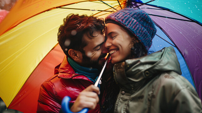 Joyful moments under a rainbow umbrella in the rain. A candid shot of individuals sharing laughter and closeness under a colorful umbrella, celebrating love and togetherness in rainy weather.