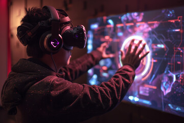 A man wearing a virtual reality headset is touching a screen