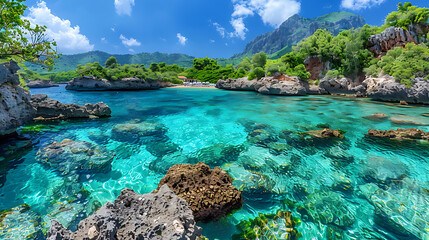Obraz premium Tropical island and coral reef - split view along the waterline
