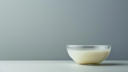 glass bowl filled with creamy white curd or yogurt on minimal gray background, fresh dairy product for food packaging and branding