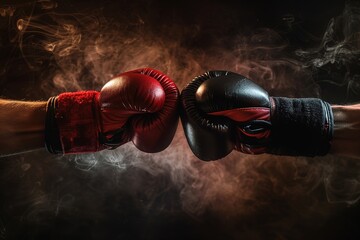 A closeup of two hands wearing boxing gloves, facing each other in an epic battle pose against dark...