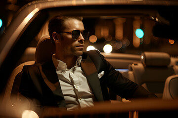 Side view portrait of a handsome stylish man driving car at night - Powered by Adobe