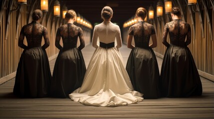 Naklejka premium Four bridesmaids in black dresses flank a bride in white, on an illuminated wooden bridge at night