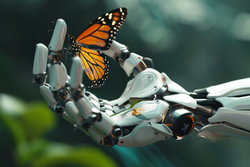 A robotic hand is holding a monarch butterfly