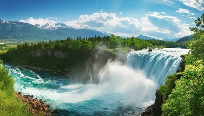 Majestic powerful waterfall wallpaper a landscape mountains trees and a river under a blue sky. AI...