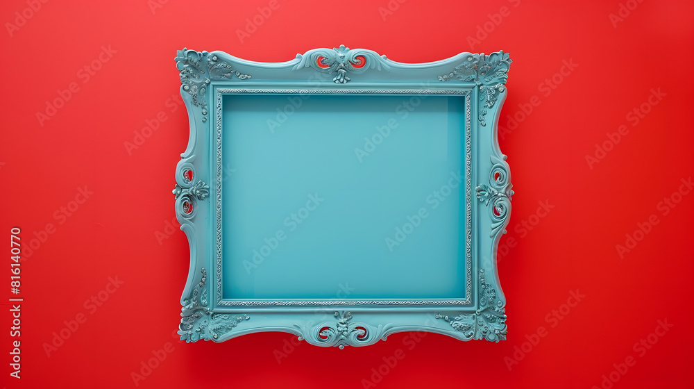 Aufkleber Blue empty frame isolated on red background Decorative detail retro inspired background Creative pop art concept of antique frame Comparison of vintage and contemporary style : Generative AI