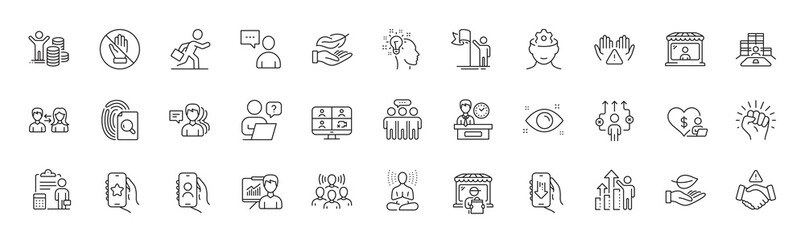 Employee results, Volunteer and Business way line icons. Pack of Presentation, People, Employees group icon. Inspect, Team work, Businessman run pictogram. Users chat, Delivery market, Leaf. Vector