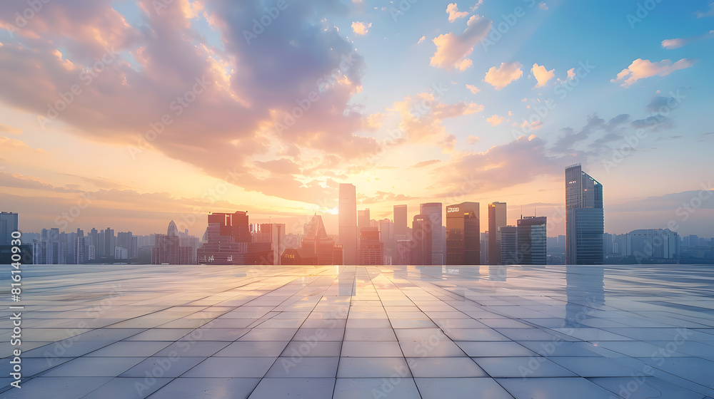 Poster empty square floor and city skyline with sky clouds at sunset : generative ai