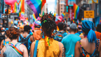 Obraz premium Vibrant pride parade celebration. Back view of a person with a colorful outfit and decorations, walking in a pride parade, capturing the joyful and inclusive atmosphere of the event. AI generative..
