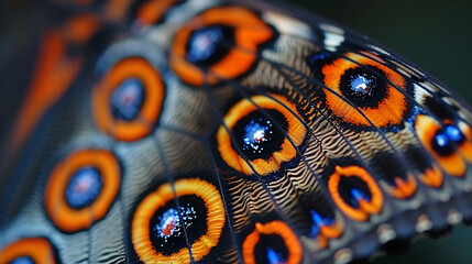 Close-up of butterfly wings with blue and orange colors on the wings and black background