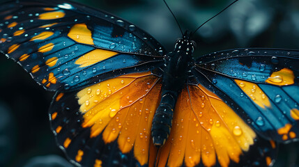 Close-up of butterfly wings with blue and orange colors on the wings and black background