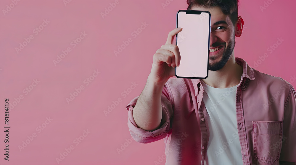 Aufkleber cheerful emotional man holding big blank cell phone in hand showing white screen to camera pointing 