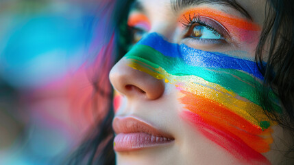 Vibrant pride face paint portrait. Close-up of a woman's face adorned with bright, colorful pride-themed face paint, capturing the spirit of freedom and individuality.