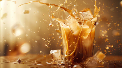 Iced cappuccino coffee splash. Sunlight and cafe background
