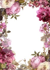pastel pink floral frame border with italian flowers on white background, elegant feminine botanical design element for wedding invitations and branding