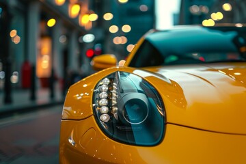 Closeup of a vibrant yellow sports car's headlight with city lights blur background