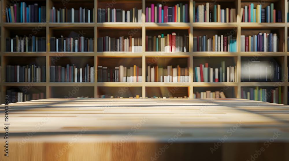 Aufkleber Empty wooden desk space platform with library background for product display montage Education concept : Generative AI