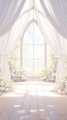 elegant illustration of european wedding ceremony arch with white drapery and floral decorations, romantic backdrop design for wedding invitations and event marketing