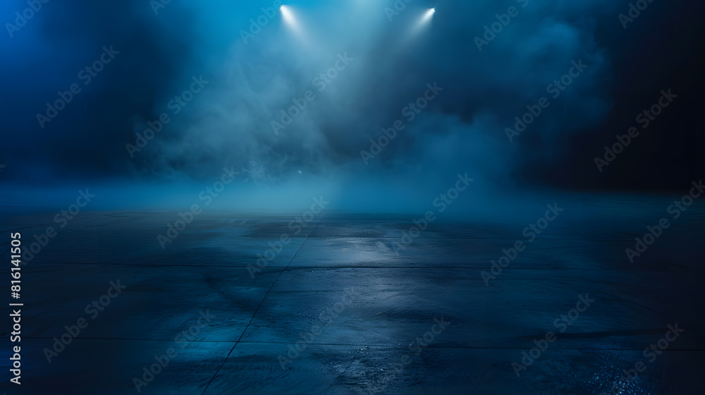 Poster a dark empty street dark blue background an empty dark scene neon light spotlights the asphalt floor