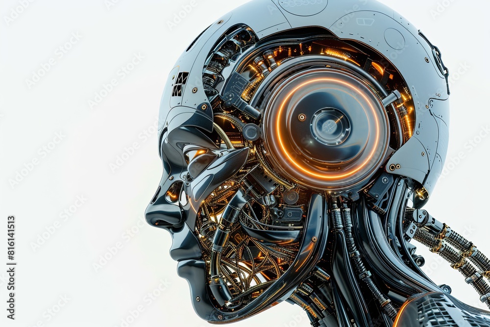 Leinwandbilder the head of an ai robot emitting an orange light, showcasing its digital brain engine. generative ai