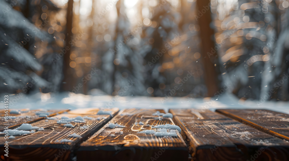 Poster the empty wooden dark brown rustic table top with blur background of winter forest in finland exuber