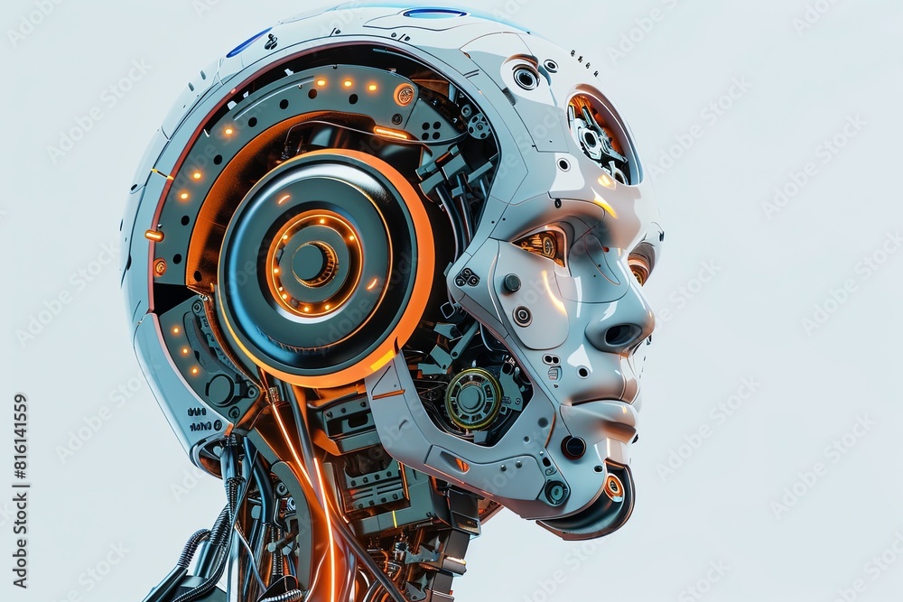 Fototapete a detailed 3d rendering of an ai robot head with intricate orange wires against a white background. 