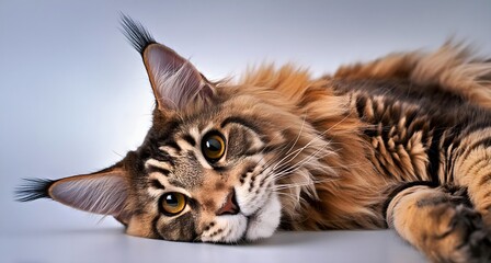 Focused view of a relaxed cat lying down, with every detail of its fur and expression clearly...