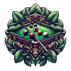Ornate Artistic Billiards Snooker Game with Decorative Elements Isolated (cut) background