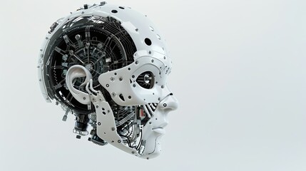 A robotic head of an AI Artificial Intelligence with a digital brain engine inside, isolated on a white background. This 3D rendering showcases modern technology and innovation. Generative AI