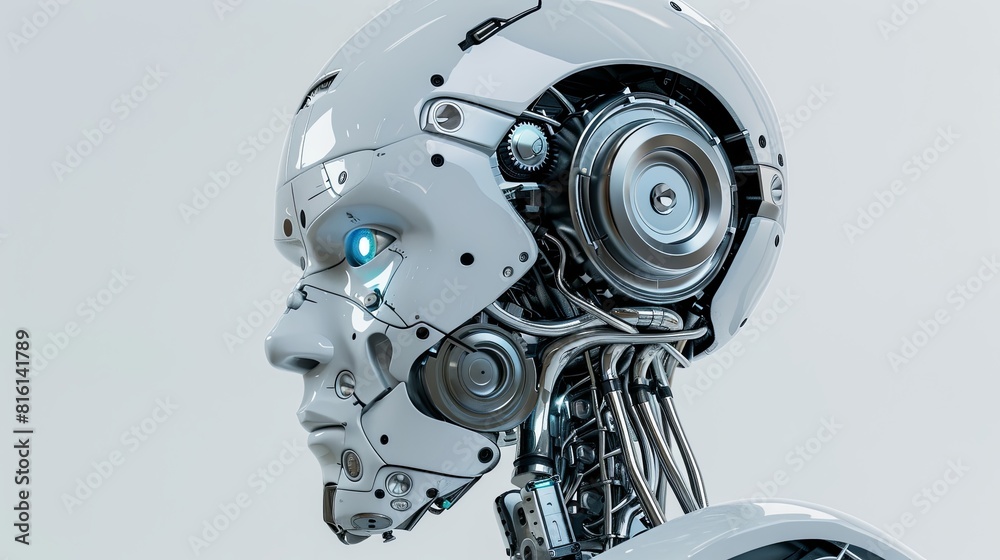 Leinwandbilder a 3d rendering of a robot head with blue eyes and a digital graphic brain engine inside, isolated on