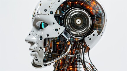 3D rendering of an AI robot head with wires and a digital graphic brain engine isolated on a white background. Generative AI