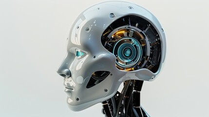 Fototapeta premium Detailed close-up of an AI robot head featuring a digital brain engine, isolated on a white background. Generative AI