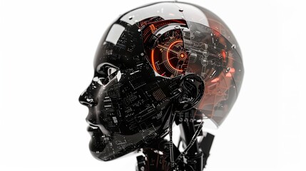 A robots head with a glowing red light, showcasing advanced technology and artificial intelligence capabilities. Generative AI