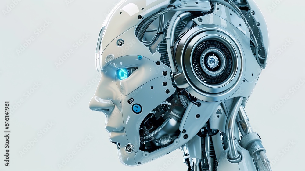 Fototapete A 3D rendering of an AI robot head with blue eyes and a digital graphic brain engine, isolated on a white background. Generative AI