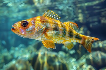 Obraz premium Peacock Bass swimming in clear waters, ideal for freshwater fishing enthusiasts.
