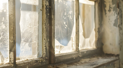 old flaky window frames without glass in an abandoned building : Generative AI